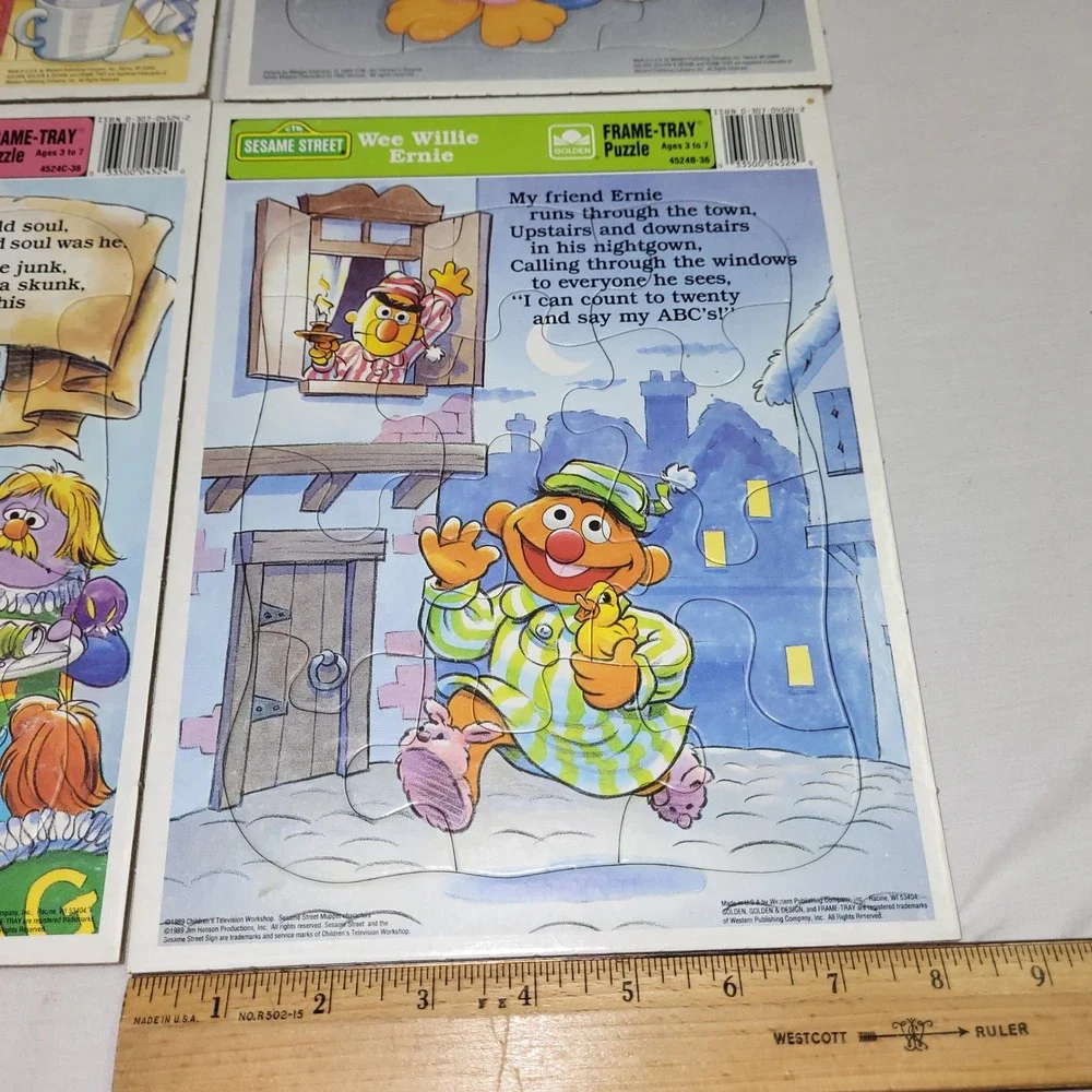 Golden Sesame Street Frame-Tray Puzzles Kids 4pk Multicolor Vintage 1989 93